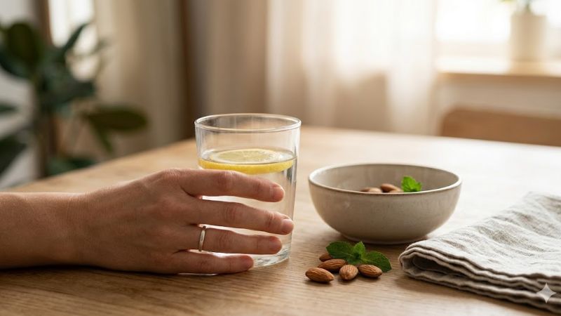 ein glas wasser mit einer scheibe zitrone steht auf einem tisch mit holzoberfläche und wird von einer männerhand gehalten. vor dem glas steht eine kleine schüssel mit nüssen und frischen kräutern.